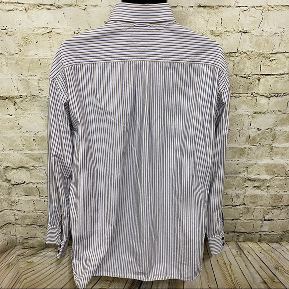 Tommy Hilfiger Blue Tan Striped Cotton Button Up Shirt - Picture 3 of 5